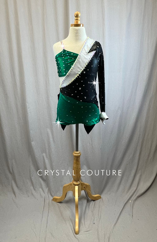 Custom Metallic Green and Black Tuxedo Style Biketard -Rhinestones and Accessories