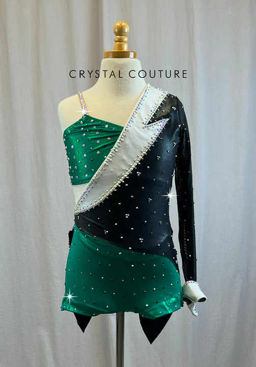 Custom Metallic Green and Black Tuxedo Style Biketard -Rhinestones and Accessories
