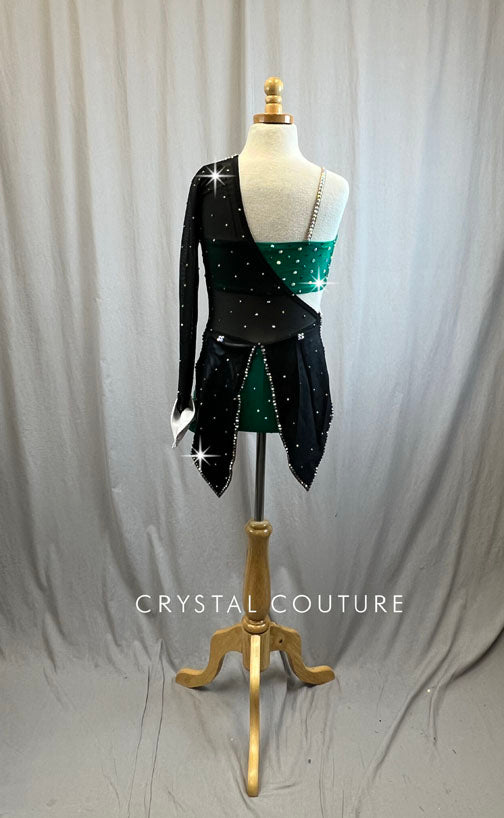 Custom Metallic Green and Black Tuxedo Style Biketard -Rhinestones and Accessories