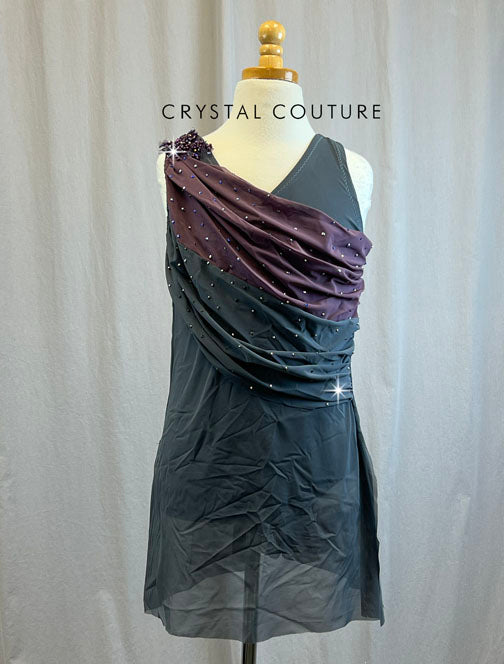 Custom Slate Gray Mesh Overlay Dress with Mauve Mesh and Plum Appliques -Rhinestones and Accessories