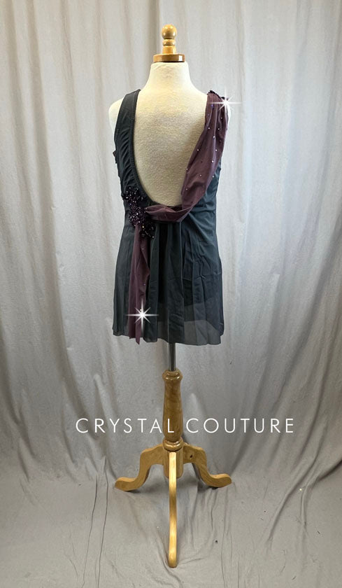 Custom Slate Gray Mesh Overlay Dress with Mauve Mesh and Plum Appliques -Rhinestones and Accessories