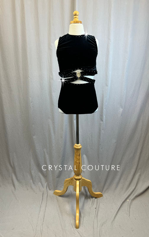 Black Velvet Cut Out Leotard With Center Accent Ring -Rhinestones