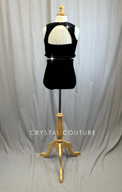 Black Velvet Cut Out Leotard With Center Accent Ring -Rhinestones