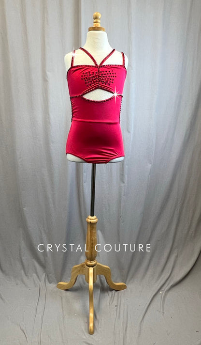 Red Strappy Cut Out Leotard -Rhinestones
