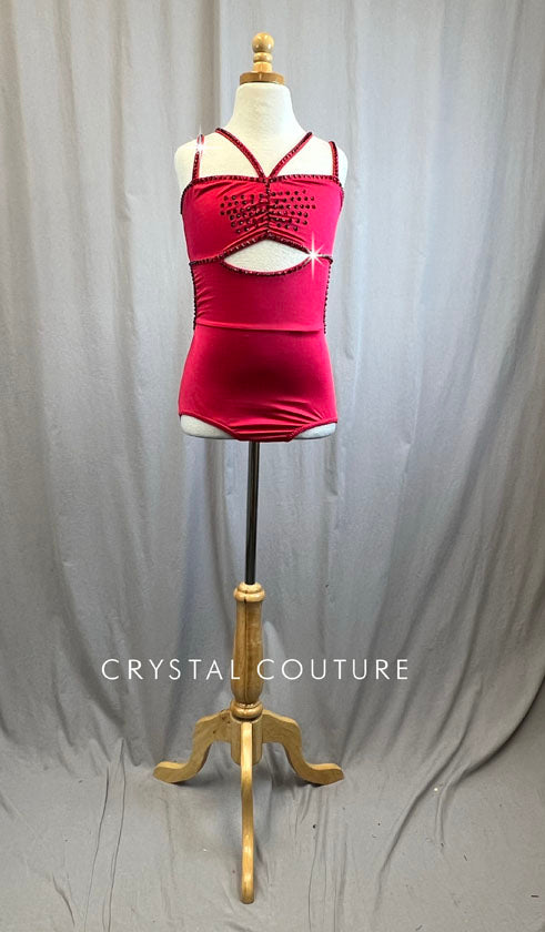 Red Strappy Cut Out Leotard -Rhinestones