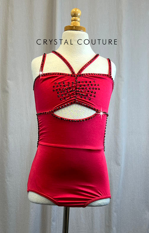 Red Strappy Cut Out Leotard -Rhinestones