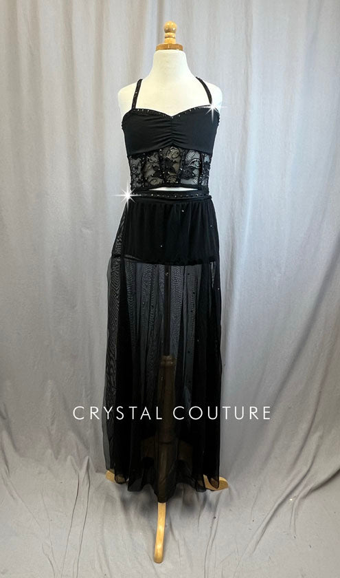 Black Lace Corset Style Top with Mesh Pants Set -Rhinestones
