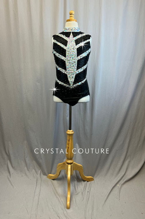 Metallic Black and Silver Stripe Mock Neck Leotard -Rhinestones