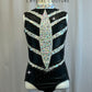 Metallic Black and Silver Stripe Mock Neck Leotard -Rhinestones