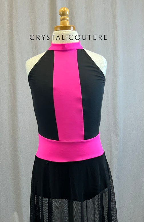 *Brand New* Mock Neck Neon Pink and Black Color Block High Slit Dress