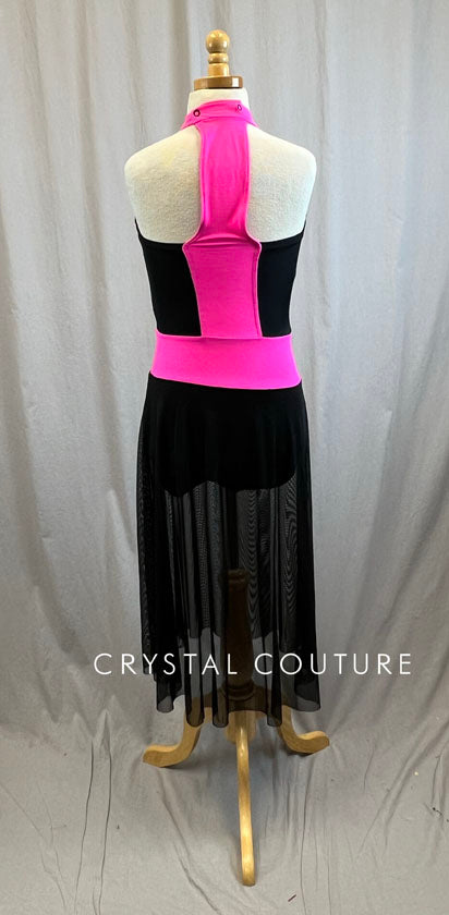 *Brand New* Mock Neck Neon Pink and Black Color Block High Slit Dress