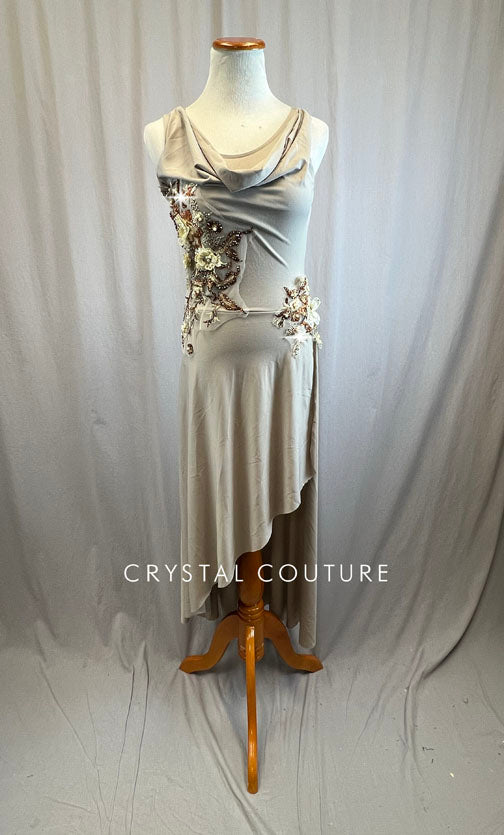 Tan Dress with Brown and Cream Floral Appliques - Rhinestones