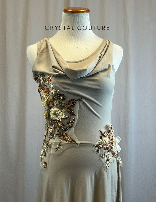 Tan Dress with Brown and Cream Floral Appliques - Rhinestones