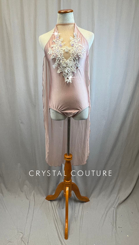 Custom Dusty Rose Leotard with Mesh Cape -Rhinestones, Appliques