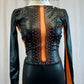 Long Sleeve Metallic Black and Neon Orange Unitard -Rhinestones