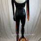 Long Sleeve Metallic Black and Neon Orange Unitard -Rhinestones