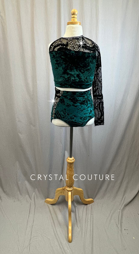 Dark Evergreen Velvet Set With Black Mesh Single Sleeve -Rhinestones, Hairpiece
