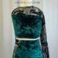 Dark Evergreen Velvet Set With Black Mesh Single Sleeve -Rhinestones, Hairpiece