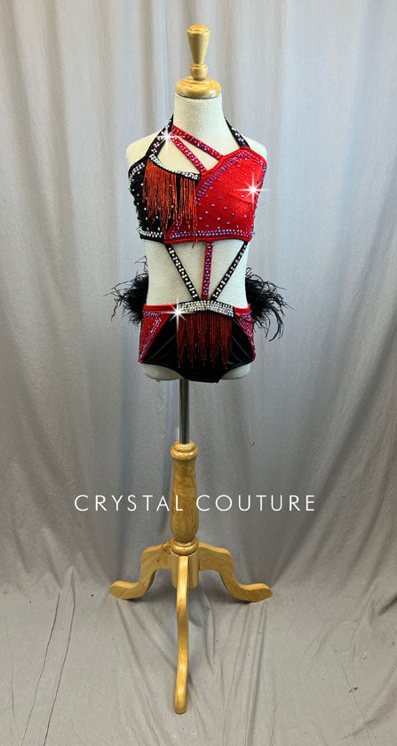 Metallic Red and Black Bra and Brief Set -Rhinestones, Feathers, Beaded Fringe