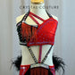 Metallic Red and Black Bra and Brief Set -Rhinestones, Feathers, Beaded Fringe
