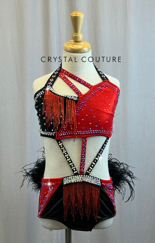 Metallic Red and Black Bra and Brief Set -Rhinestones, Feathers, Beaded Fringe