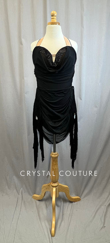 Black Draping Mesh and Fringe Dress -Rhinestones