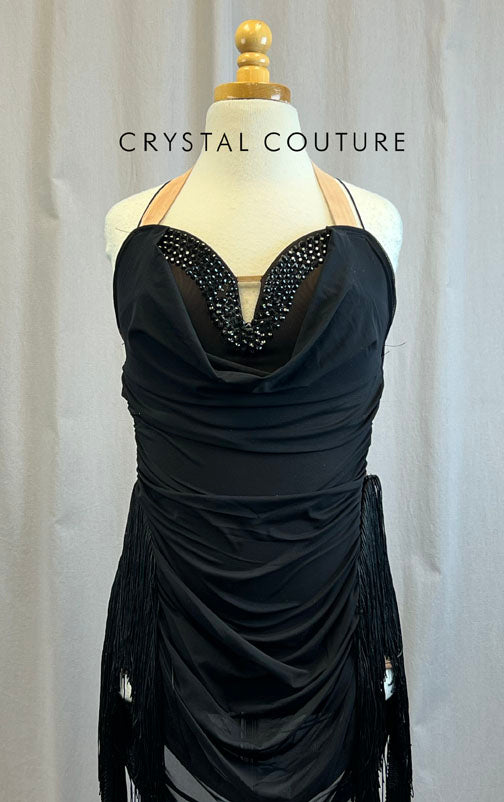 Black Draping Mesh and Fringe Dress -Rhinestones