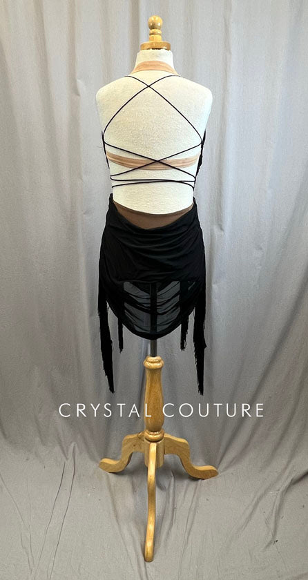 Black Draping Mesh and Fringe Dress -Rhinestones