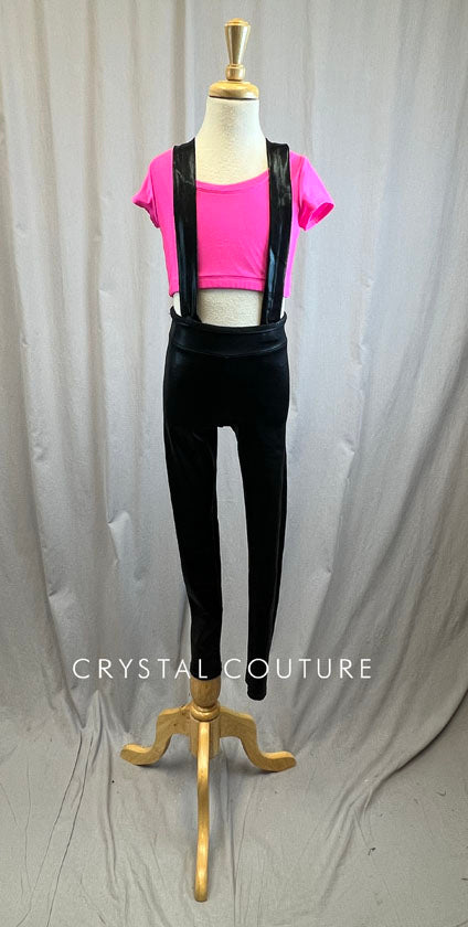Neon Pink Short Sleeve Crop and Metallic Black Suspender Leggings -Accessories