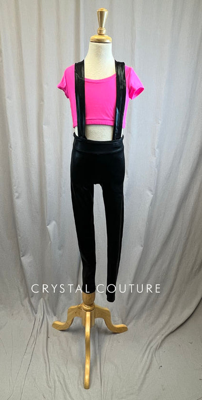 Neon Pink Short Sleeve Crop and Metallic Black Suspender Leggings -Accessories