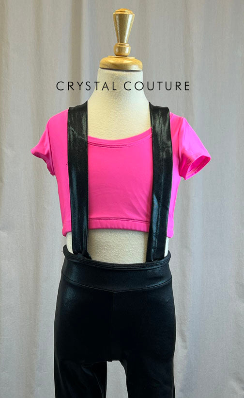 Neon Pink Short Sleeve Crop and Metallic Black Suspender Leggings -Accessories