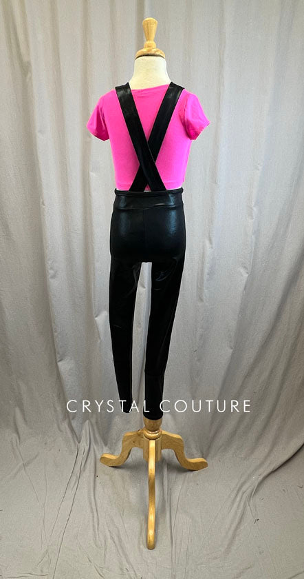 Neon Pink Short Sleeve Crop and Metallic Black Suspender Leggings -Accessories