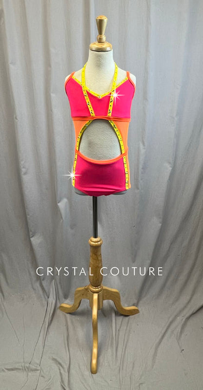 Neon Coral/Neon Orange/Yellow Cut Out Leotard -Rhinestones