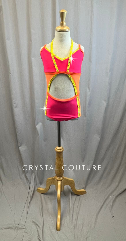 Neon Coral/Neon Orange/Yellow Cut Out Leotard -Rhinestones