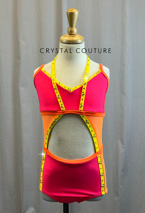 Neon Coral/Neon Orange/Yellow Cut Out Leotard -Rhinestones