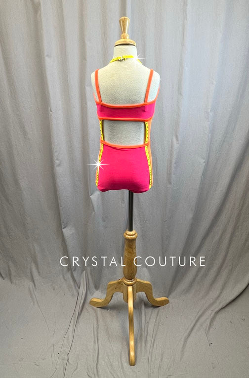 Neon Coral/Neon Orange/Yellow Cut Out Leotard -Rhinestones