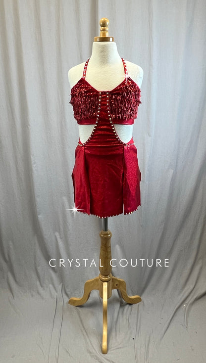 Custom Metallic Red Sequin and Beaded Fringe Lycra Dress -Rhinestones