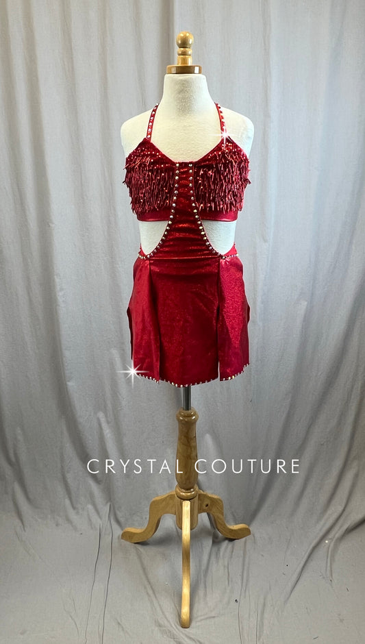 Custom Metallic Red Sequin and Beaded Fringe Lycra Dress -Rhinestones
