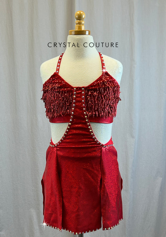 Custom Metallic Red Sequin and Beaded Fringe Lycra Dress -Rhinestones