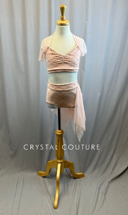 Baby Pink Lace and Mesh Skirt Set -Rhinestones