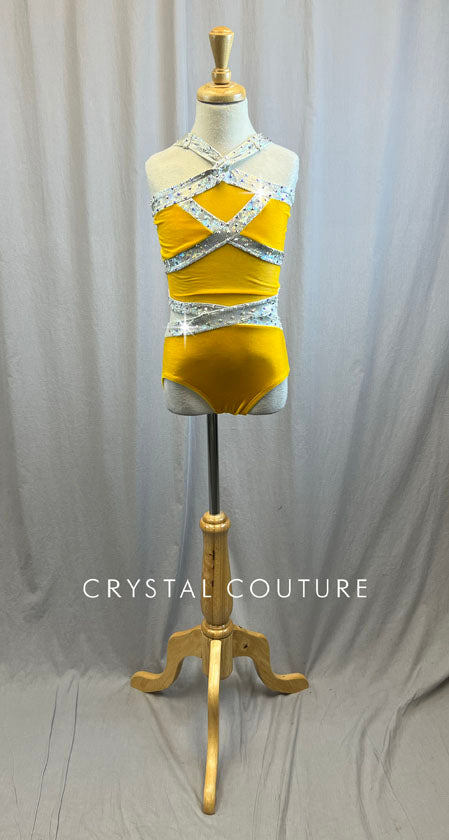 Mustard Yellow Cutout Velvet Leotard with Metallic Silver Outline -Rhinestones