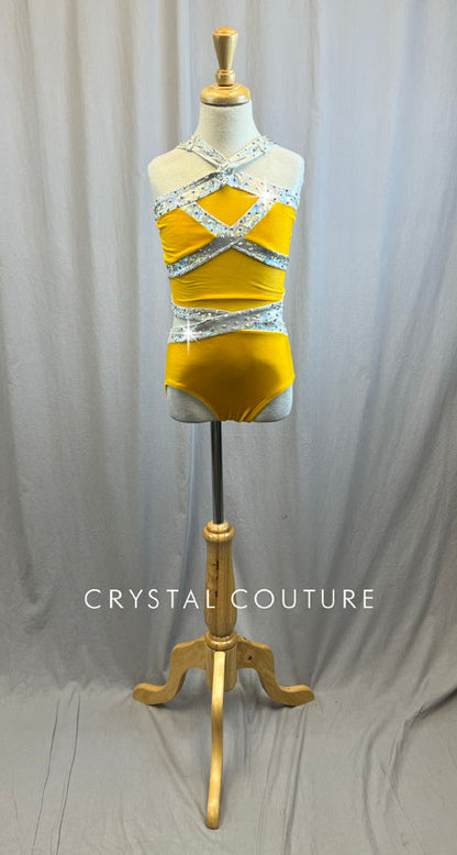Mustard Yellow Cutout Velvet Leotard with Metallic Silver Outline -Rhinestones