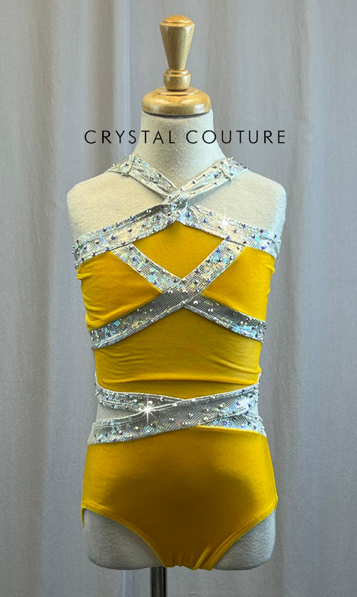 Mustard Yellow Cutout Velvet Leotard with Metallic Silver Outline -Rhinestones