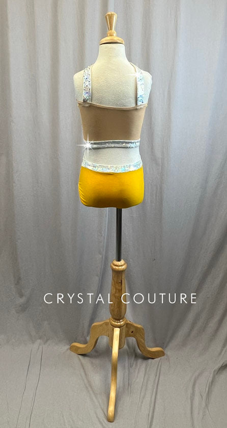 Mustard Yellow Cutout Velvet Leotard with Metallic Silver Outline -Rhinestones