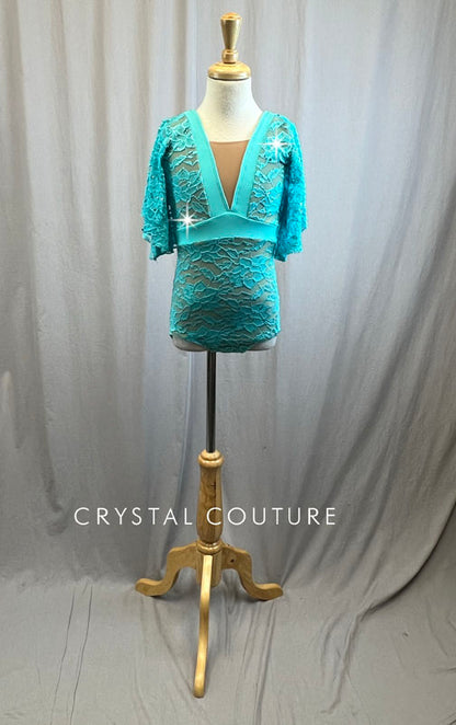 Nude and Teal Lace Leotard with Flutter Sleeves -Rhinestones, Hairpiece