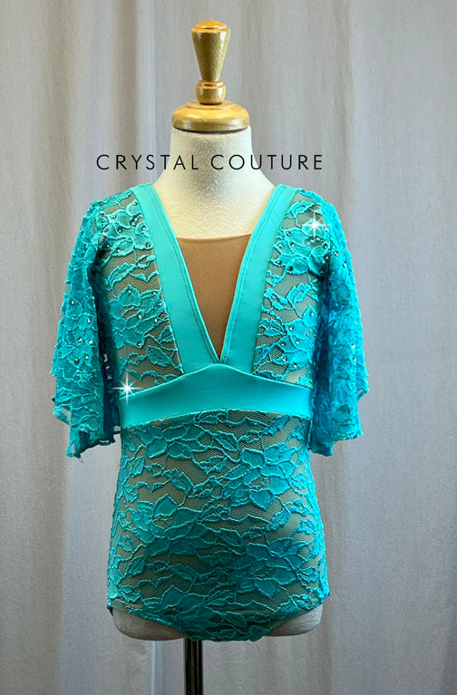 Nude and Teal Lace Leotard with Flutter Sleeves -Rhinestones, Hairpiece