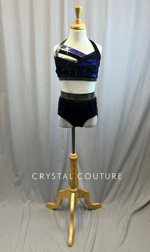 Purple and Black Lace and Beading Crop Top and Brief Set -Rhinestones