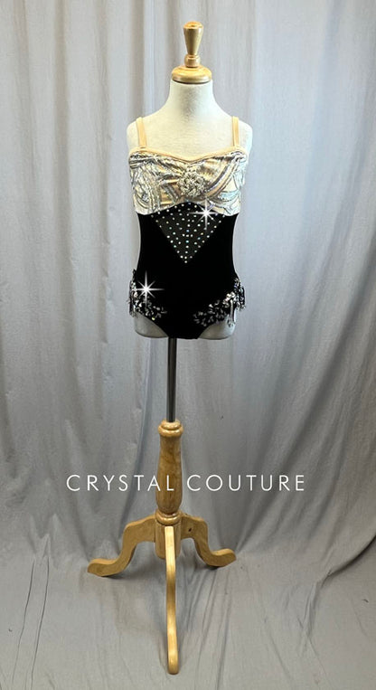 Nude and Black Velvet Sequined Leotard -Rhinestones, Appliques, Brooch