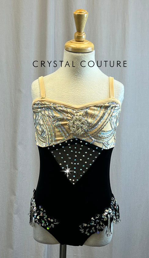 Nude and Black Velvet Sequined Leotard -Rhinestones, Appliques, Brooch