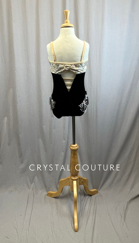 Nude and Black Velvet Sequined Leotard -Rhinestones, Appliques, Brooch